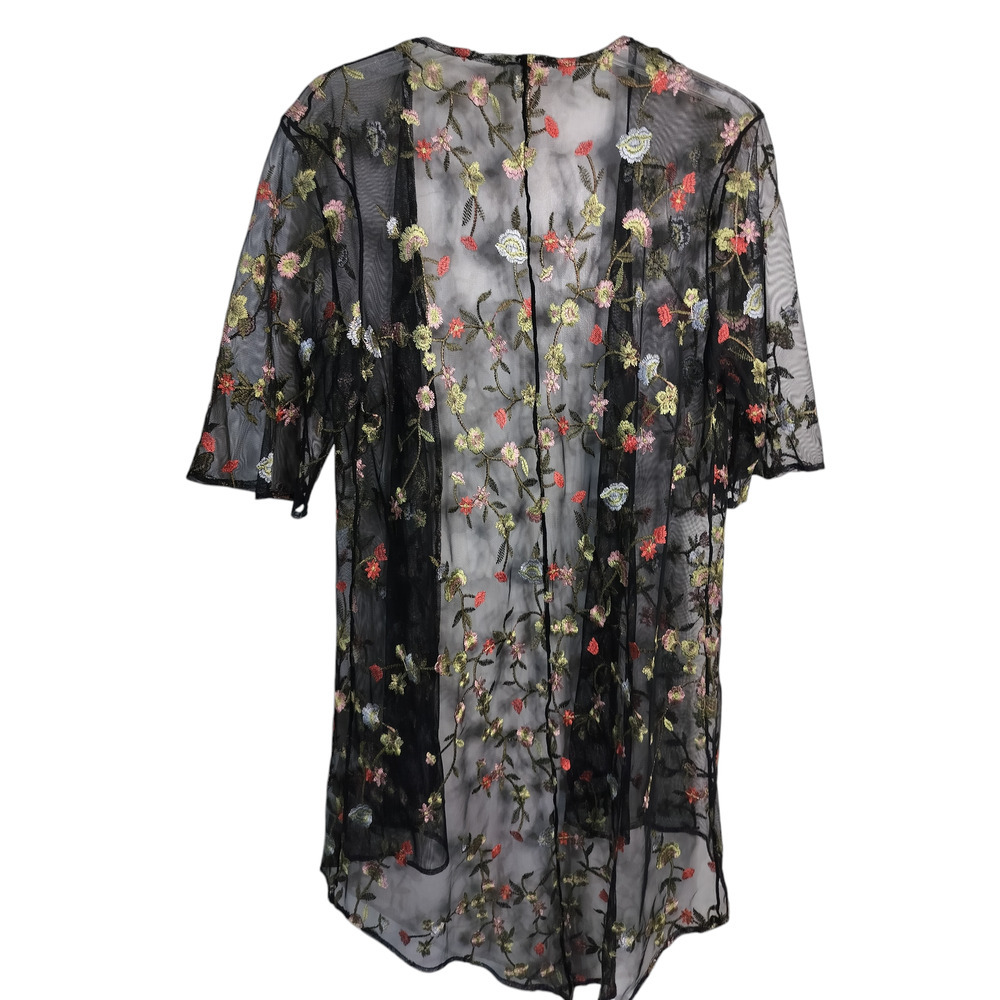 3168) Chenault Black Mesh Floral Embroidery Kimono Cardigan Size Medium